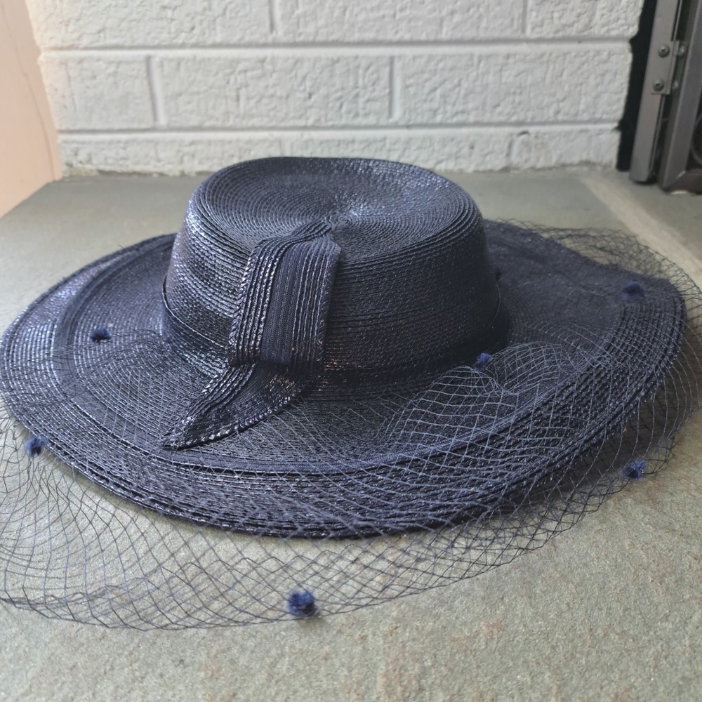Vintage 1960s Bellini NY Navy Sinamay Birdcage Hat Regency Core Wide Brim Boater